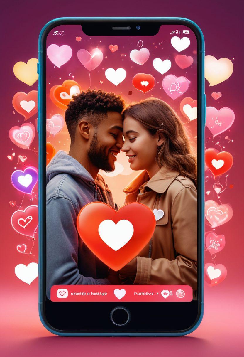 A digital collage depicting a couple connecting over a dating app on their smartphones, surrounded by symbols of love like hearts and chat bubbles. The background features a blend of different dating app logos, layered with soft glowing lights representing emotional connections. Include diverse individuals with a sense of warmth and happiness to depict heartfelt relationships. vibrant colors. 3D. modern art.