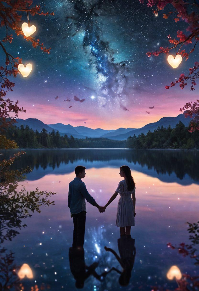 A serene couple holding hands under a starlit sky, surrounded by glowing hearts and soft, ethereal light that symbolizes connection and passion. The backdrop features a tranquil lake reflecting the night sky, with delicate flowers framing the scene to enhance the romantic atmosphere. Elements like whispered words and intertwined souls are subtly illustrated in the air. super-realistic. vibrant colors. tranquil ambiance.