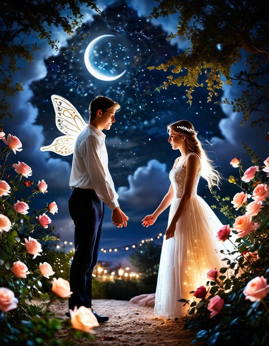 A romantic scene featuring a couple holding hands under a starry night sky, surrounded by blooming roses and twinkling fairy lights. The moonlight casts a soft glow on their faces as they share an intimate conversation, symbolizing deep devotion and companionship. Include subtle heart shapes in the background for a whimsical touch. vibrant colors. soft focus. romantic atmosphere.